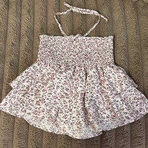 White Floral Smocked Halter Mini Dress shirt